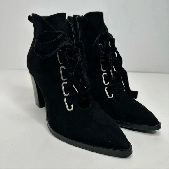 ZINDA Spain Black Suede Wide Ribbon Lace-Up Heeled Booties Side 37 - Picture 1 of 11